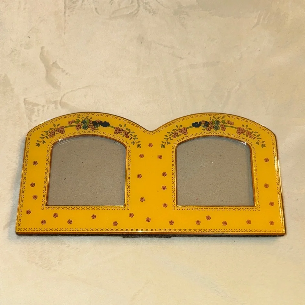 Vintage Yellow Enamel Double Photo Frame with Floral Accents